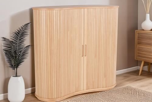 Riess Ambiente Retro Highboard Valhalla Wood - 110cm - Natur - Eichenholz mit Schiebetüren 6 Fächer Hochkommode Schrank Rolladen Japandi von Riess Ambiente