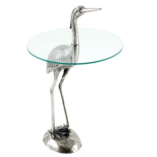 Riess Ambiente Runder Beistelltisch Wildlife Heron 90cm Silber Metall Glas Fischreiher Skulptur Handmade Couchisch Glastisch Telefontisch Sofatisch Tisch von Riess Ambiente