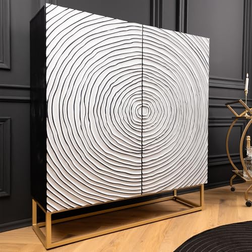 Riess Ambiente massivholz Highboard Zen Circles 120cm weiß schwarz Mangoholz 3D-Design Metallgestell Gold Sideboard Wohnzimmerschrank Geschirrschrank Stauraum von Riess Ambiente