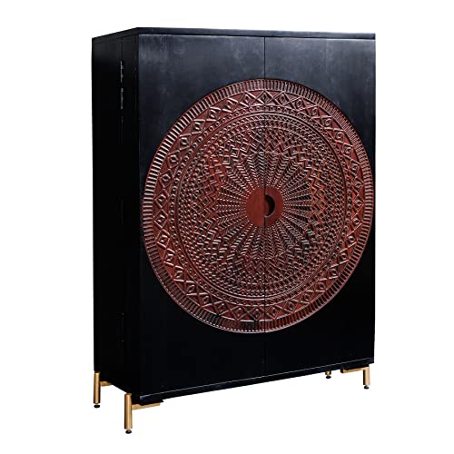 riess-ambiente.de Massiver XXL Barschrank Mandala 95cm Mangoholz schwarz Gold Metallgestell Schnitzerei von Riess Ambiente