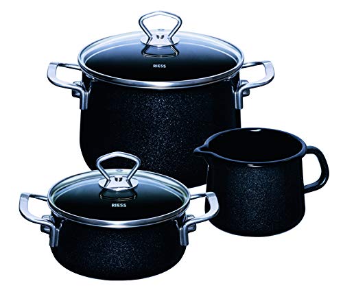 RIESS 0520-009 Starterset Black Magic 3-teilig, NOUVELLE BLACK MAGIC EXTRASTARK, bestehend aus Fleischtopf 20 cm, Kasserolle 16 cm, Schnabeltopf 12 cm, Emaille, schwarz von Riess