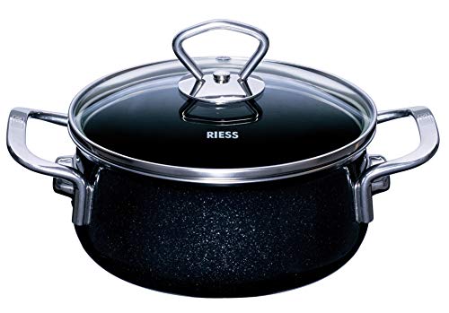 RIESS 0707-009 Kasserolle mit Glasdeckel, Nouvelle- BLACK MAGIC EXTRA STARK, Durchmesser 16cm, Höhe 7.8 cm, Inhalt 1 Liter, Emaille, schwarz, Induktion von Riess