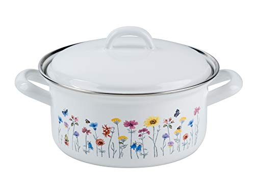 Riess, 0129-070, Kasserolle mit Deckel, COUNTRY SONDEREDITION FLORA, Durchmesser 18 cm, Inhalt 1,5 Liter, Hohe 8,8 cm, Emaille, weiß mit Blumendekor, Induktion von Riess