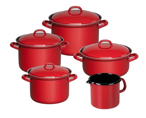 Riess, 0346-020, Classic-Set, 5tlg, COLOR ROT, Fleischtöpfe mit Deckel, 16cm - 1.5l, 18cm - 2.5l, 20cm - 3.5l, Kasserolle mit Deckel, 20cm - 2l, Schnabeltopf 12cm - 1l, Emaille, Kochtopfset von Riess