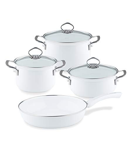 Riess, 0519-033, Starterset 4-TLG. Nouvelle - ARCTICWEISS, bestehend aus 2 x Fleischtopf mit Glasdeckel 16, 20 cm, 1 x Kasserolle mit Glasdeckel (20 cm), 1 x Emaille-Pfanne (28 cm) von Riess