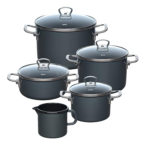 Riess, 0546-003, Familien-Set 5-teilig, NOUVELLE - DARK GREY, Premium-Emaille, bestehend aus: Fleischtopf mit Glasdeckel 16 und 20 cm, Kasserolle mit Glasdeckel 16 und 20 cm und Schnabeltopf 12 cm, Kochset, Kochtopfset, Emailleset von Riess