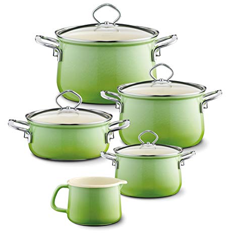 Riess, 0546-036, Sparset 5-TLG., NOUVELLE SMARAGD, bestehend aus: 3 x Fleischtopf mit Glasdeckel (16, 20, 24 cm), 1 x Kasserolle mit Glasdeckel (20 cm), Schnabeltopf (12 cm), Emaille, gr�n von Riess