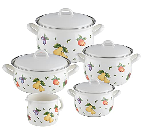 Riess, 0547-068, Spar-Set 5-teilig, Nouvelle - Fruit Garden, bestehend aus: Fleischtopf mit Deckel 16, 18 und 20 cm, Kasserolle mit Deckel 20 cm und Schnabeltopf 12 cm von Riess