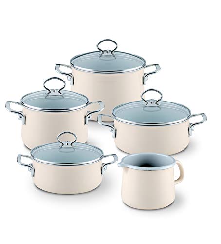 Riess, 0584-011, Familien-Set 5-teilig, NOUVELLE - AVORIO EXTRA STARK, bestehend aus: Fleischtopf mit Glasdeckel 16und 20 cm, Kasserolle mit Glasdeckel 16 und 20 cm und Schnabeltopf 12 cm von Riess