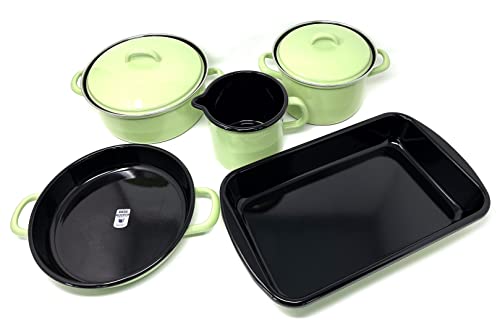 Riess 0508-031, Kochtopfset, Family Emailset 5teilig, GREEN, Farbe hellgrün, Fleischtopf mit Deckel 16cm, Kasserolle mit Deckel 20cm, Schnabeltopf 12cm, Bratpfanne 32x21cm, Eierpfanne 22 cm von Riess