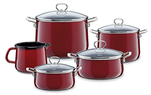 Riess, 0584-008, Familien-Set 5-teilig, NOUVELLE - ROSSO EXTRA STARK, bestehend aus: Fleischtopf mit Glasdeckel 16und 20 cm, Kasserolle mit Glasdeckel 16 und 20 cm und Schnabeltopf 12 cm von Riess