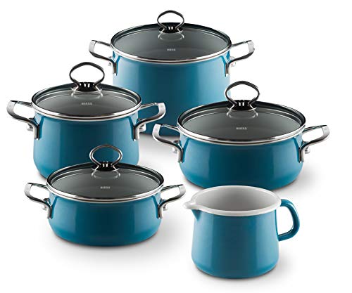 Riess, 0584-010, Familien-Set 5-teilig, NOUVELLE - AQUAMARIN EXTRA STARK, bestehend aus: Fleischtopf mit Glasdeckel 16und 20 cm, Kasserolle mit Glasdeckel 16 und 20 cm und Schnabeltopf 12 cm von Riess