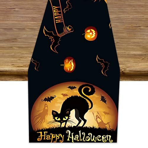 Halloween Tischläufer Deko,33 x 183cm Halloween Tischdeko Kürbis Geist Schwarze Katze Abwaschbare Tischläufer Herbst Deko für Küche Tisch Dekoration Drinnen Urlaub Party Dekor,Orange Schwarz von Riewy