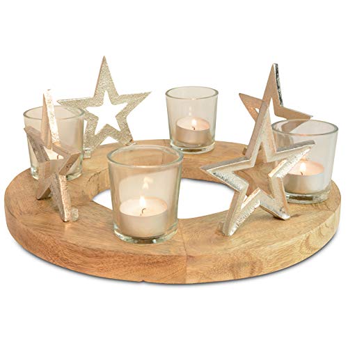 Adventskranz aus Holz | mit Teelichtgläsern und Sternen | Adventskerzenhalter Mangoholz Natur 30x12 cm Adventskranz aus Holz | mit Teelichtgläsern und Sternen | Adventskerzenhalter Mangoholz Natur 30x12 cm von Riffelmacher & Weinberger