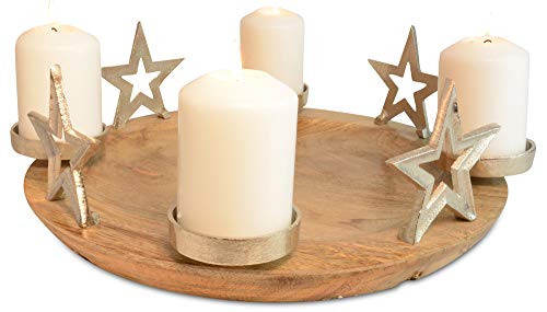 Riffelmacher Adventskerzenhalter Runder Teller mit Sternen 70338 - Natur Silber 38x13cm - Adventskranz Mangoholz von Riffelmacher & Weinberger