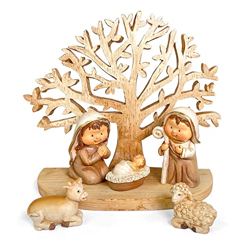Riffelmacher Kinderkrippe mit Baum aus Polyresin 78561 | 12 x 10 cm - Weihnachtskrippe Holzoptik Maria Josef Jesus Schaf Kuh Weihnachtsgeschichte von Riffelmacher & Weinberger