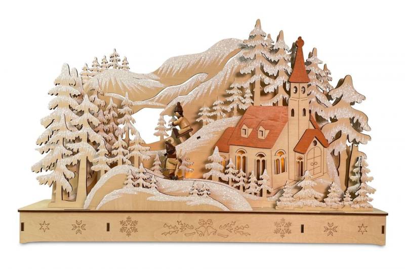 Riffelmacher Kirche mit Schlittenbahn mit LED aus Holz 44 x 8 x 29 cm von Riffelmacher