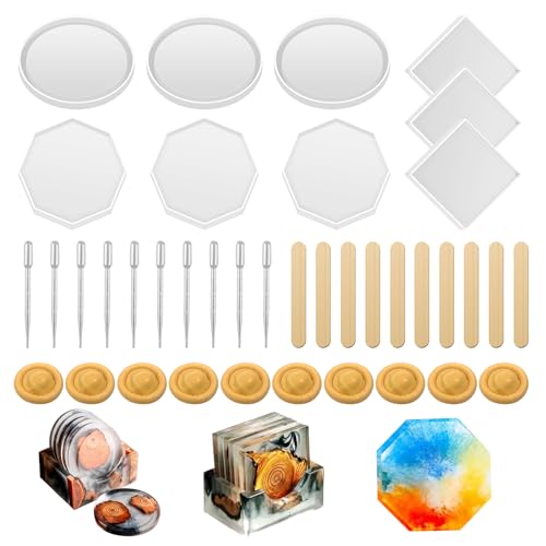 Rigidstone 9 Stück Epoxidharz Formen Silikon Set Resin Formen Untersetzerform Epoxidharz Formen DIY Untersetzer Silikon Formen Gießformen (Rund Quadrat) von Rigidstone
