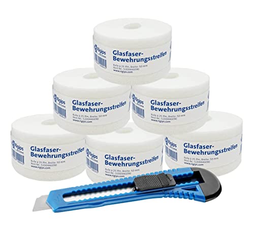 Rigips® Glasfaser Fugendeckstreifen [ 6 Rollen 50mm x 25m ] Rigipsplatten Fugenband | Bewehrungsstreifen Gipskartonplatten im Trockenbau | inkl. Cuttermesser von Rigips