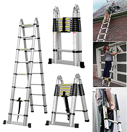 1,9m+1,9m Ausziehbare Aluminiumleiter mit Stabilisator, Robust Klappleiter Teleskopleiter A-Rahmen mit 6+6 Sprossen 150KG Tragkraft, EN131 von Rigogo