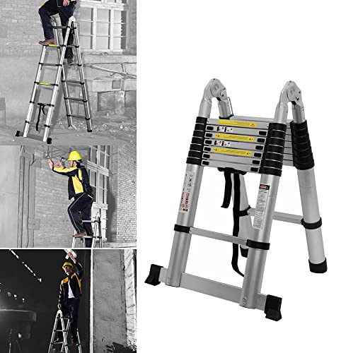 2,5m+2,5m Klappbar Teleskopleiter Aluminium Rutschfester Anlegeleiter Loftleiter, Tragbare Ausziehleiter für Outdoor & Indoor, 150 kg Tragkraft von Rigogo