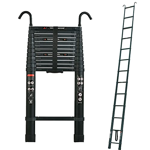 3,2m Teleskop Leiter mit 2 Haken, Aluminium Dachbodenleiter, Tragbare Ausziehbare Leiter, 150kg Tragkraft, EN131, Schwarz von Rigogo