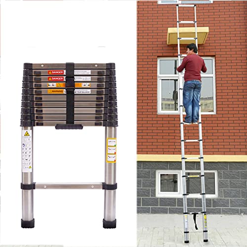 3,8m Teleskopleiter Aus Edelstahl, Mehrzweckleiter mit 13 Sprossen, Anlegeleiter Aluminium Leiter Haushaltsleiter für Outdoor & Indoor, 150kg Tragkraft von Rigogo