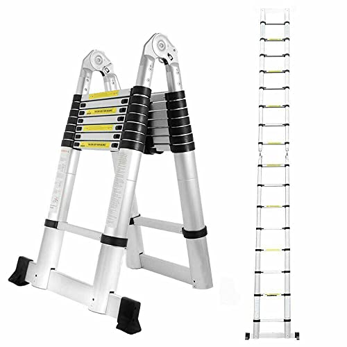 Klappleiter Ausziehbar 1,9+1,9m, Klappbar Teleskopleiter Rutschfester Aluminium Ausziehleiter Stehleiter A-Rahmen 6+6 Sprossen Tragbare Mehrzweckleiter 150 kg Tragkraft von Rigogo