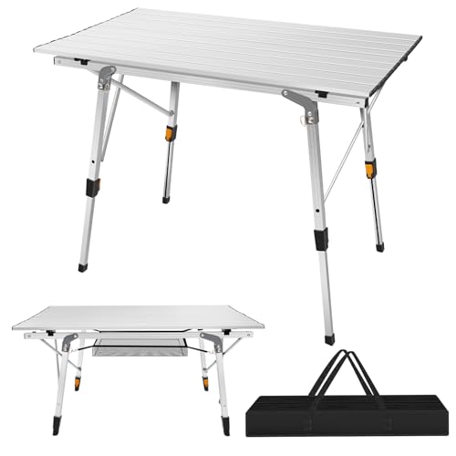 Rigogo Tragbar Klapptisch Aluminium, Campingtisch Flatbar für Balkon Terrasse Picknick, Höhenverstellbar 48-68cm, Esstisch Bürotisch Partytisch 90x52x68cm, Weiß von Rigogo