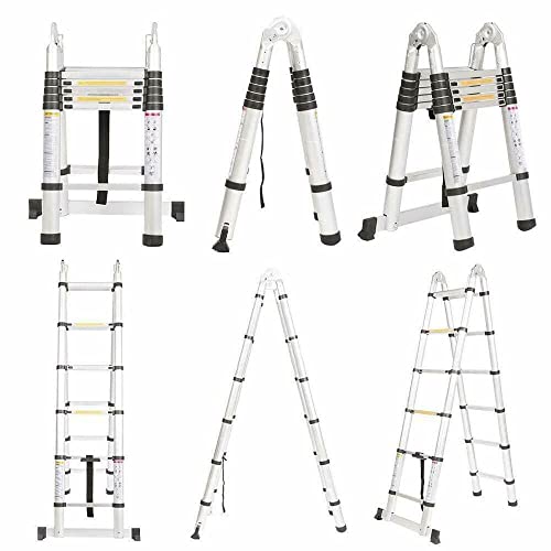 Teleskop Leiter 1,9m+1,9m, Dachbodenleiter Klappbar, Tragbare Ausziehbare Leiter Stufenleiter, Aus Edelstahl, 150kg Tragkraft, Silber von Rigogo