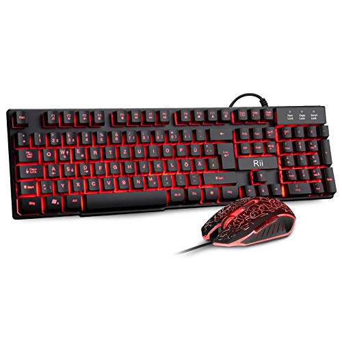 Rii Gaming Tastatur und Maus Set, 3 LED Hintergrundbeleuchtung, ideal für Gaming und Büro, Kompatibel mit PC (DE-Layout, Schwarz) von Rii