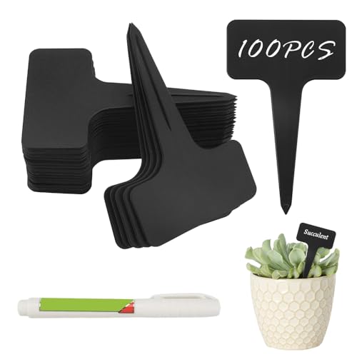 Riisoyu 100 Stück Pflanzenschilder zum Beschriften, 6x10cm T-Typ Pflanzen Beschriftungsschilder mit Marker Wasserdicht Kunststoff Stecketiketten Kräuterbeet Schilder Schwarz mit Filzstiften von Riisoyu