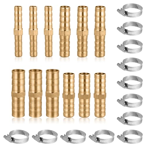 Riisoyu 12 Stück Messing Schlauchanschluss, Messing Schlauchverbinder Set 6/8/10/12mm mit 12 Schlauchschellen 2-Wege Gerade Schlauchverschraubung für Luftleitung Wasserleitung Kraftstoffleitung von Riisoyu
