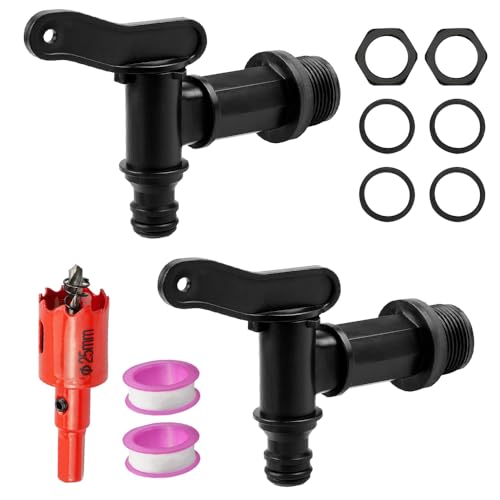 Riisoyu 2 Stück Auslaufhahn für Regentonnen, 3/4 Zoll Kunststoff Ersatz Hahn mit Dichtung Kontermutter Dichtband Kunststoff Auslaufhahn für Regeneimer Tank Gartenarbeit, Schwarz von Riisoyu