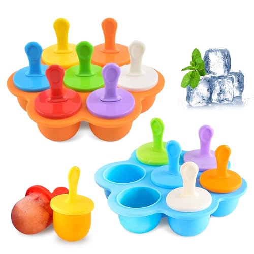 Riisoyu 2 Stück Eisförmchen Popsicle Formen, Silikon Mini Eisformen BPA frei Eisformen Eis am Stiel Silikon Mulden Eisform mit Kunststoffstäbchen mit 14 Kunststoffstäbchen, Orange&Blau von Riisoyu