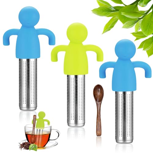 Riisoyu 3 Stück Kreatives Teefilter mit 1 Löffel, 304 Edelstahl Teesieb mit Silikongriff Lustig Teeei für Losen Tee Humanoid Tea Infuser Teefilterhalt Gewürzsieb Tea Strainer für Rose Kaffee Gewürze von Riisoyu