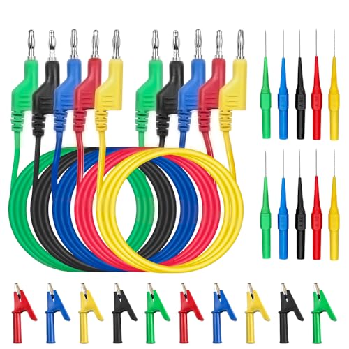 Riisoyu 5 Stück 1m Multimeter Messleitungen, 4mm 5 Farben Isolierte Bananenstecker 10 Stück Krokodiklemmen und Prüfsonden Multimeter Messkabel Kabel für Strommessgeräte Multimeter Spannungsprüfer von Riisoyu