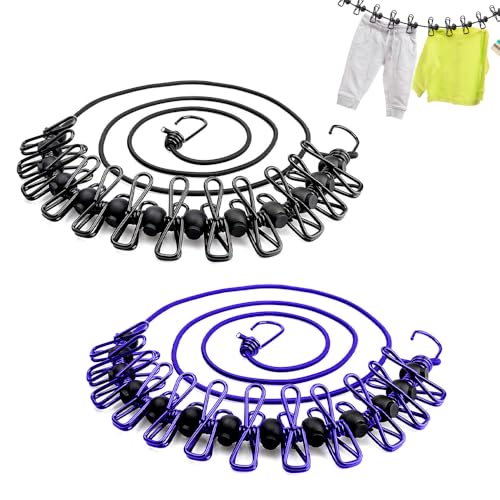 Riisoyu Tragbare Wäscheleine, 2 Stück Wäscheleine Camping mit 12 Wäscheklammern Wäscheleine Ausziehbar mit Winddichter Schnalle Elastische Reise Wäscheleine für Camping, Reisen, Trocknen im Freien von Riisoyu