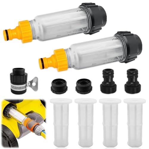 Riisoyu Wasserfilter Gartenschlauch Set, 2 Stück 3/4 Zoll Wasser Vorfilter Wasserfilter mit 4 Filtereinsatz und 5 Schnelladapter für Hochdruckreiniger Gartenbewässerung Gartenpumpe Wohnmobil Haushalt von Riisoyu