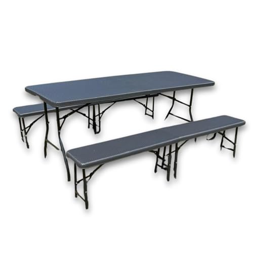 Rijoka Klappbarer Picknicktisch – Rattan-Design – Klapptisch mit 2 Klappbänken – Biertisch für 6–8 Personen – Tragkraft 150 kg – Taupe von Rijoka