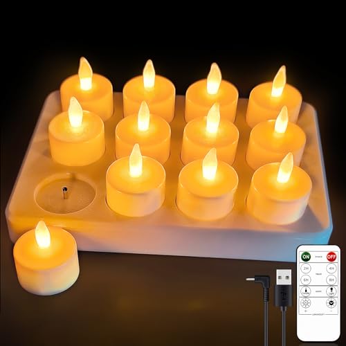 Rikiss LED Wiederaufladbar Kerzen mit Timerfunktion, Kann 40 Stunden arbeiten,Flammenlose kerzen mit Fernbedienung Flackernde Led Teelichter, Gelb,12Stück von Rikiss
