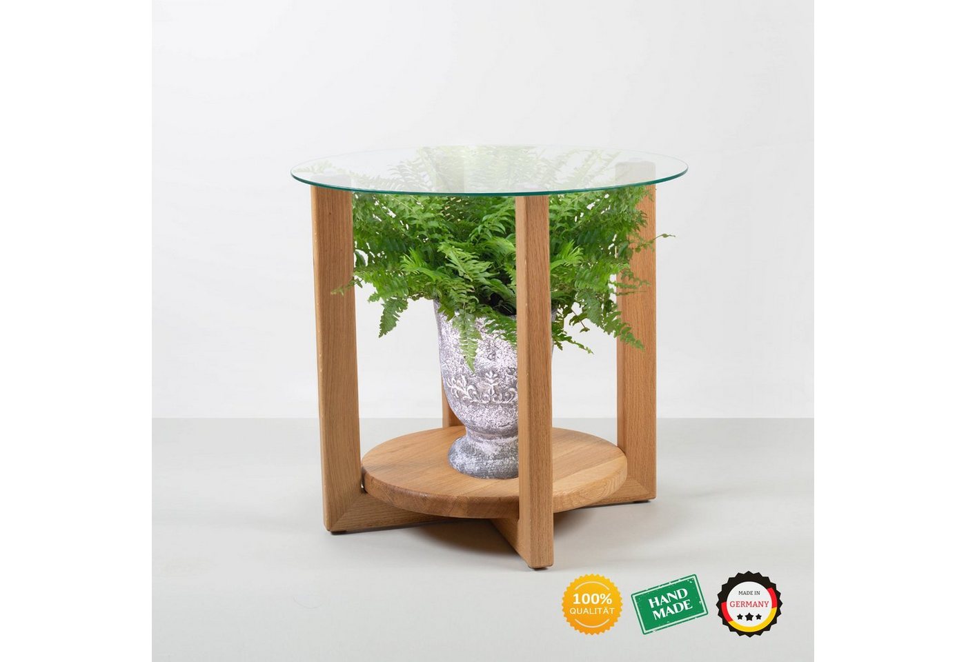 Rikmani Couchtisch Designer Couchtisch Flora rund aus Echtholz Beistelltisch Wohnzimmertisch Schlafzimmer handgefertigt aus Deutscher Eiche Design Massivholz Universal Holztisch mit Glasplatte, aus Massivholz von Rikmani