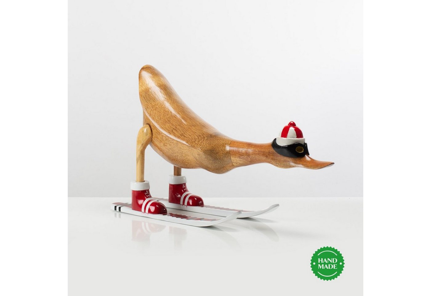 Rikmani Dekofigur Ente Skifahrer - Handgefertigte Dekoration aus Holz Geschenk Figur (3er-Set, SET: S, M, L), Drei Holzarten. Lackiert. von Rikmani