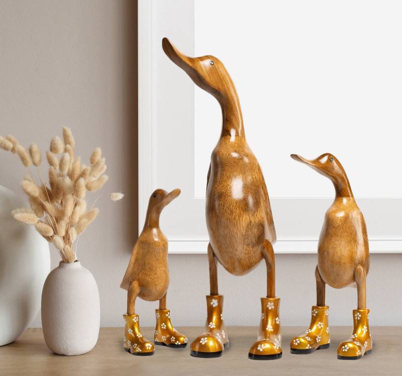 Rikmani Dekofigur Holzfigur Ente Stiefel - Handgefertigte Dekoration aus Holz Geschenk, 3 Holzarten von Rikmani