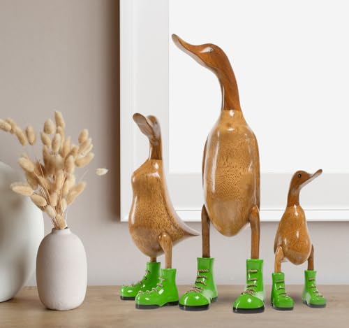 Rikmani - Holzfigur Ente Stiefel Grün 100% Natur Original - Handgefertigte Figur aus Holz Set von Rikmani