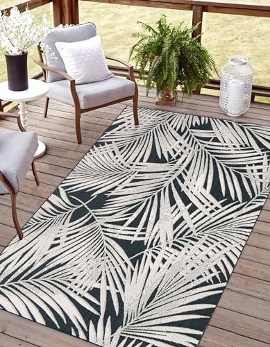 Rikmani In- und Outdoor Teppich wetterfest, wasserfest, robust für Terrasse, Balkon, Garten, Innenräume, Palm, Schwarz-Beige in 80 x 150 cm von Rikmani