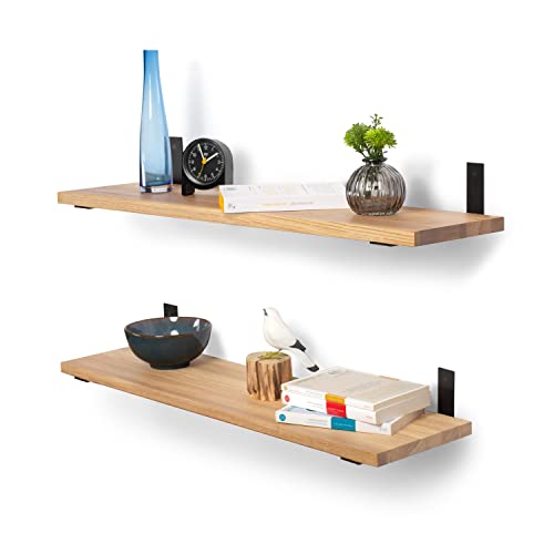Rikmani Schweberegal Holzregal Wandregal TES Küchenregal Bücherregal Holz Regal Wand Regalbrett Eiche für Schlafzimmer, Kinderzimmer, Büro Wandboard Metall 40 cm - Natur (schwarz) von Rikmani