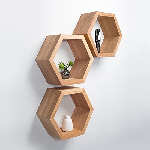 Rikmani Wandregal Hexagon Massivholz Eiche sechseckig Handgefertigtes Regal Bücherregal Holzregal Wandboard Deko-Waben Regal Modulare-Geometrische Regale LEIM'S - M hell von Rikmani