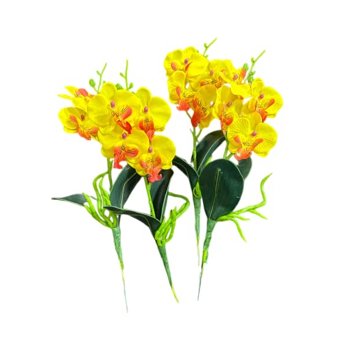 4 Bündel tropische künstliche Blume, 27.9 cm, Mini-Schmetterling-Orchidee mit 4 Seidenblumenköpfen und Phalaenopsis-Orchideen, Blätter, Kunstblatt für Hochzeit, Heimdekoration, Garten, Bonsai (gelb) von Rikyo