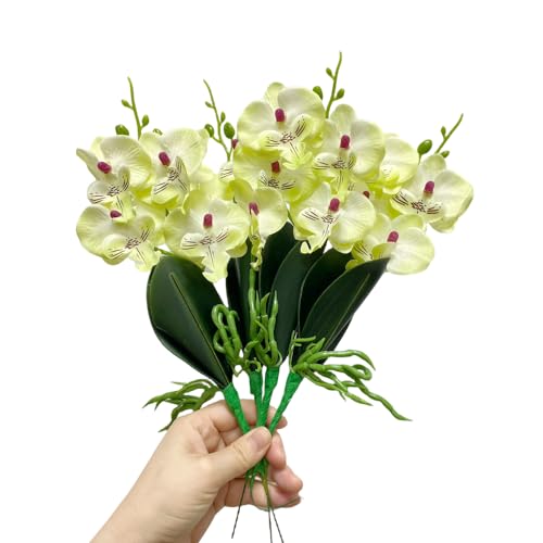 4 Sträuße tropische künstliche Blume 27,9 cm Mini Schmetterling Orchidee mit 4 Seidenblumenköpfen und Phalaenopsis Orchideen Blätter Kunstblatt für Hochzeit Heimdekoration Blumen Garten Bonsai (Grün) von Rikyo